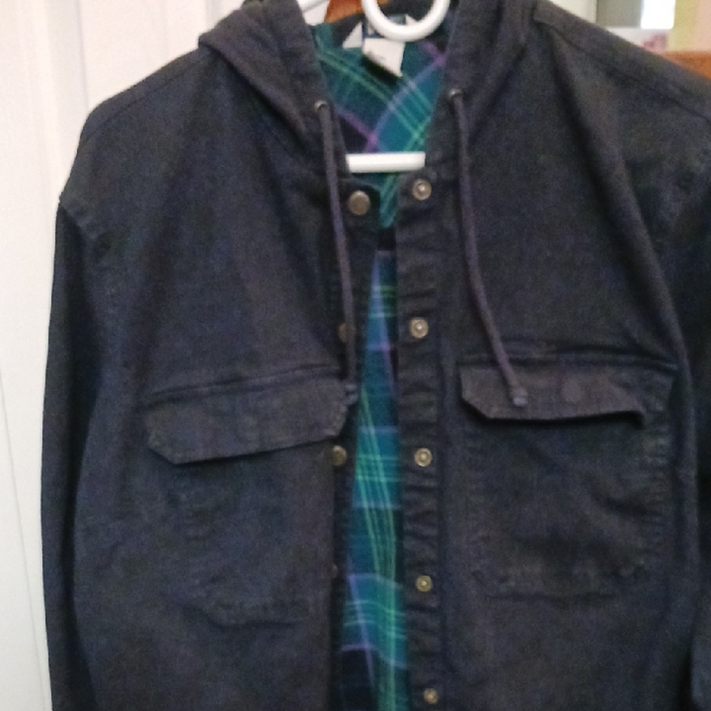 Duluth Trading Co Dark Navy Hooded Utility Jacket with Green Plaid Lining